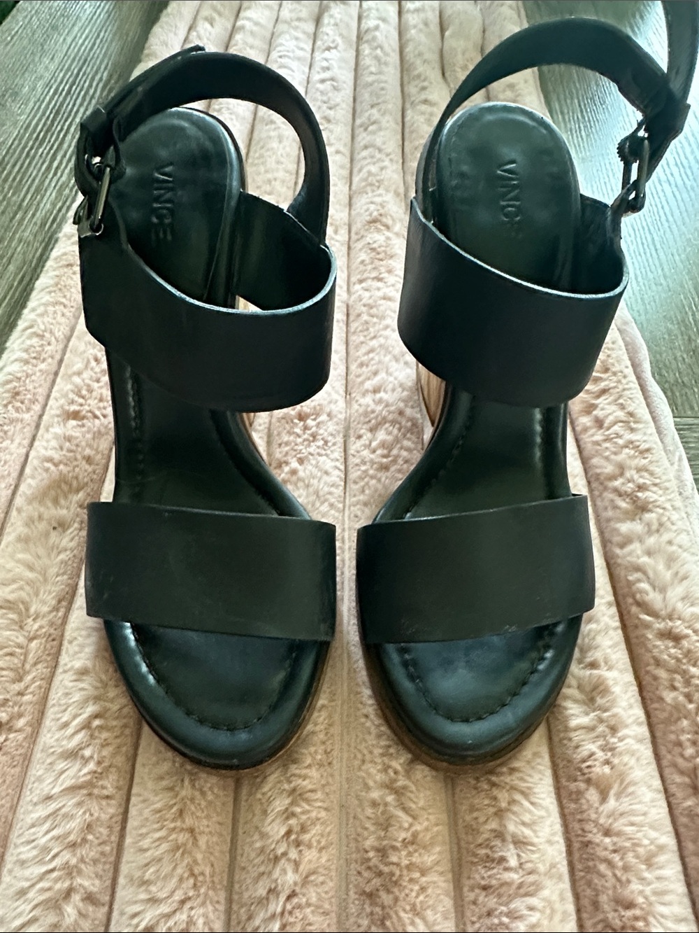 Vince Black Leather Platform Sandals with Wide Straps and Buckle Ankle Strap